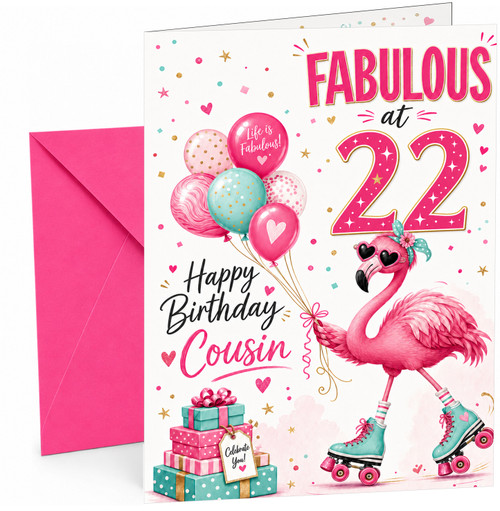 Cousin 22nd Birthday Card Fabulous Flamingo on Roller Skates