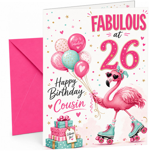 Cousin 26th Birthday Card Flamingo on Roller Skates & Balloons