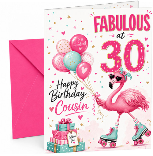 Cousin 30th Birthday Card Flamingo on Roller Skates & Balloons