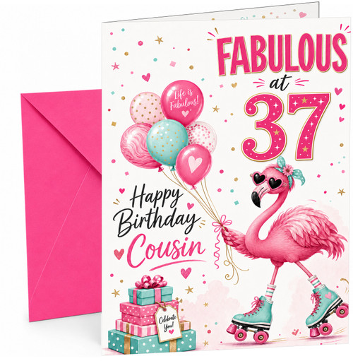 Cousin 37th Birthday Card Fabulous Flamingo on Roller Skates