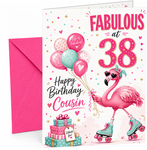 Cousin 38th Birthday Card Fabulous Flamingo on Roller Skates