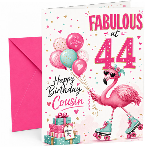 Cousin 44th Birthday Card Flamingo on Roller Skates & Balloons