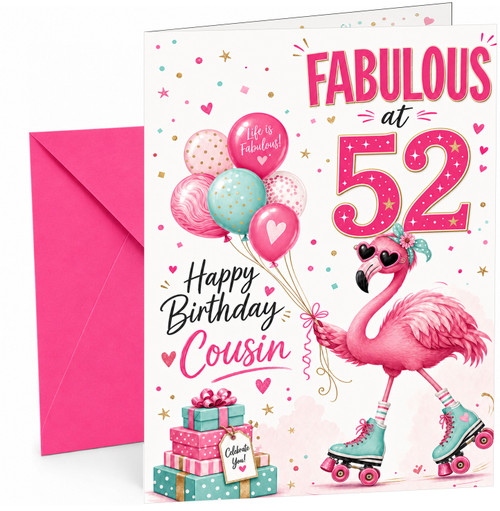 Cousin 52nd Birthday Card Flamingo on Roller Skates & Balloons