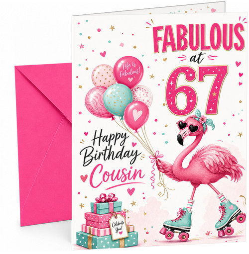 Cousin 67th Birthday Card Fabulous Flamingo on Roller Skates
