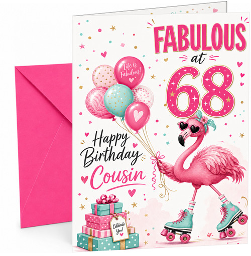 Cousin 68th Birthday Card Fabulous Flamingo on Roller Skates