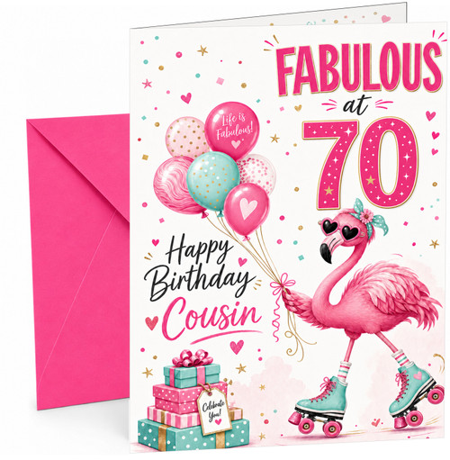 Cousin 70th Birthday Card Fabulous Flamingo on Roller Skates