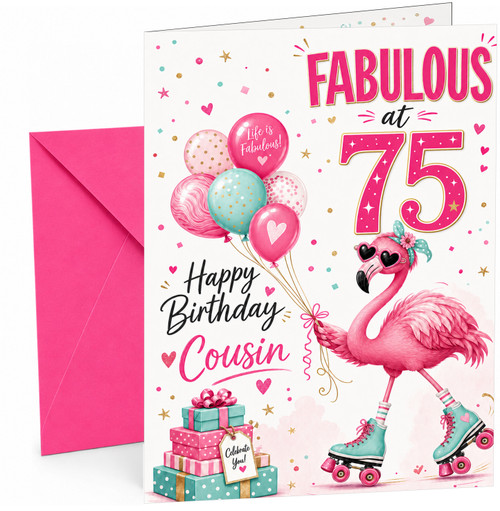 Cousin 75th Birthday Card Fabulous Flamingo on Roller Skates