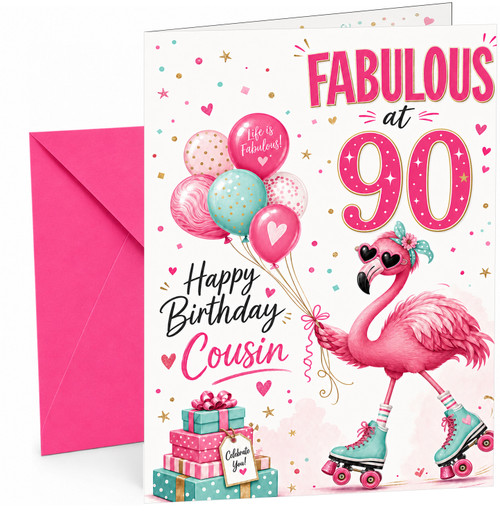 Cousin 90th Birthday Card Fabulous Flamingo on Roller Skates