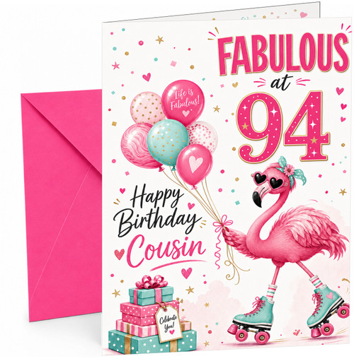 Cousin 94th Birthday Card Flamingo on Roller Skates & Balloons