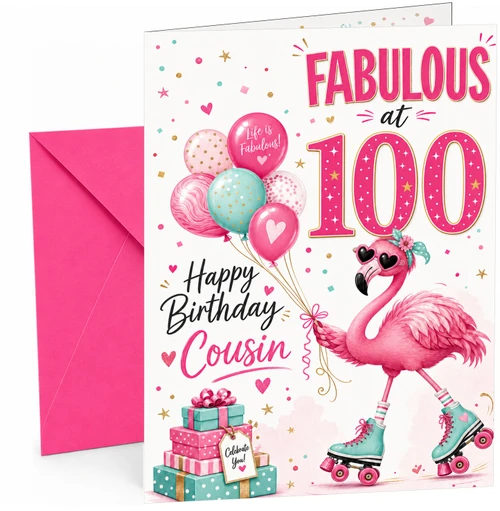 Cousin 100th Birthday Card Flamingo on Roller Skates & Balloons