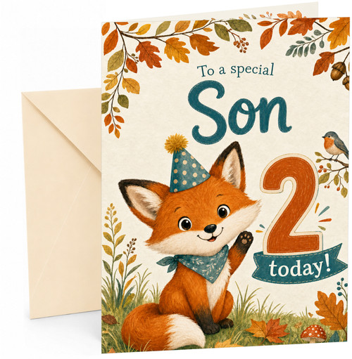 Son 2nd Birthday Card Cute Fox in Party Hat Woodland Leaves