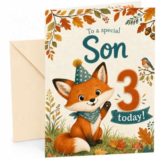 Son 3rd Birthday Card Cute Fox in Party Hat & Autumn Leaves