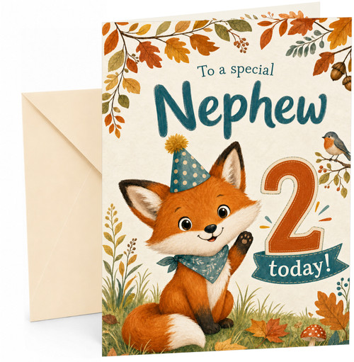 Nephew 2nd Birthday Card Cute Fox in Party Hat Woodland