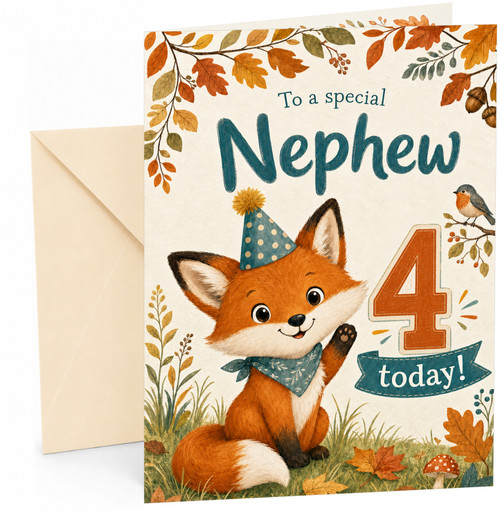 Nephew 4th Birthday Card Cute Fox in Party Hat Woodland