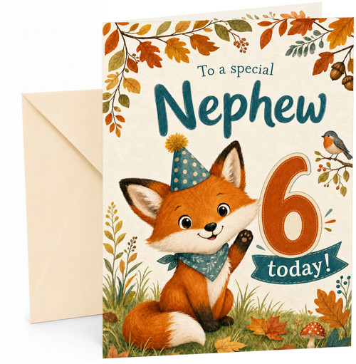 Nephew 6th Birthday Card Cute Fox in Party Hat & Autumn Leaves