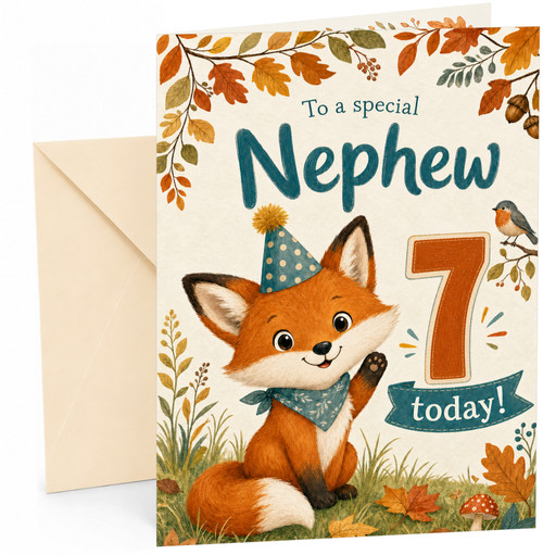 Nephew 7th Birthday Card Cute Fox in Party Hat Woodland