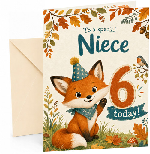 Niece 6th Birthday Card Cute Fox in Party Hat Woodland