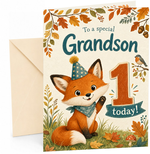 Grandson 1st Birthday Card Cute Fox in Party Hat Woodland