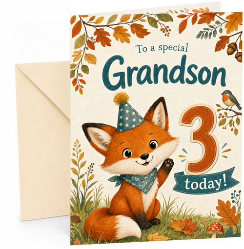Grandson 3rd Birthday Card Cute Fox in Party Hat Autumn Leaves