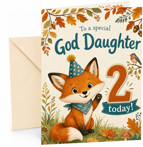 God Daughter 2nd Birthday Card Fox in Party Hat & Autumn Leaves