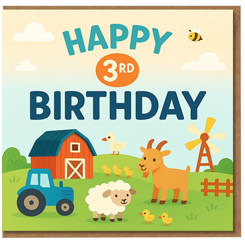 Happy 3rd Birthday Card for Kids, Cute Farm Animals with Tractor, Barn and Windmill, Age 3 Card for Toddler Boy or Girl