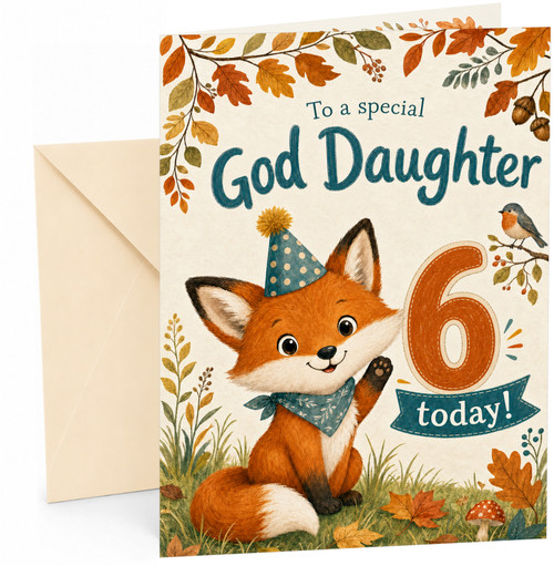 God Daughter 6th Birthday Card Fox in Party Hat Autumn Leaves