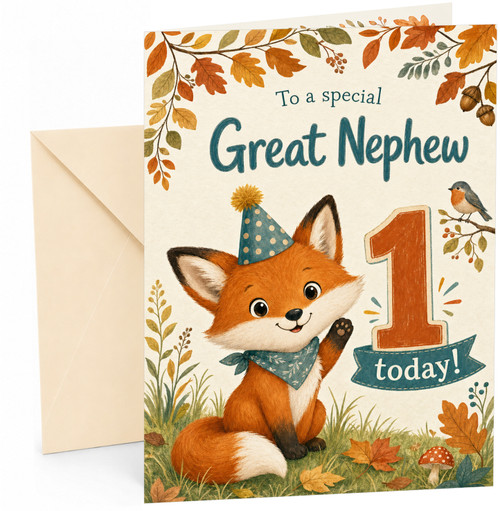Great Nephew 1st Birthday Card Fox in Party Hat Autumn Leaves