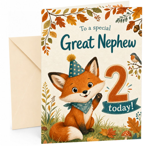 Great Nephew 2nd Birthday Card Fox in Party Hat Autumn Leaves