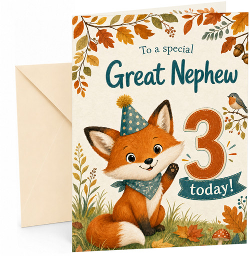 Great Nephew 3rd Birthday Card Fox in Party Hat Woodland