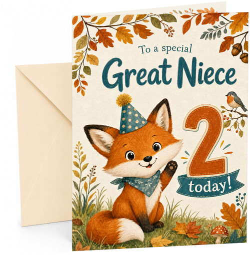 Great Niece 2nd Birthday Card Cute Fox in Party Hat Autumn