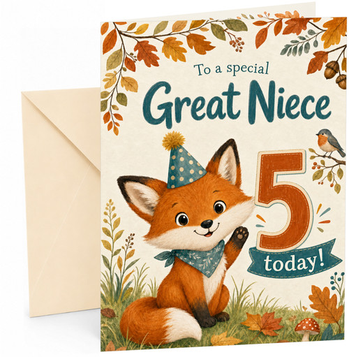 Great Niece 5th Birthday Card Fox in Party Hat Autumn