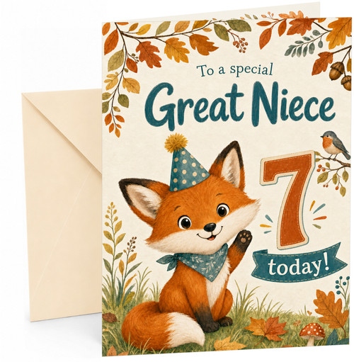Great Niece 7th Birthday Card Cute Fox in Party Hat