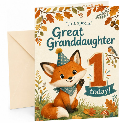 Great Granddaughter 1st Birthday Card Cute Fox and Leaves