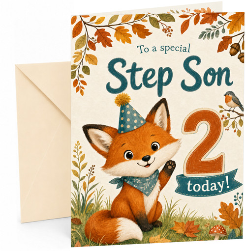 Step Son 2nd Birthday Card, Cute Fox in Party Hat