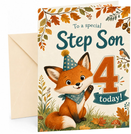 Step Son 4th Birthday Card Cute Fox in Party Hat