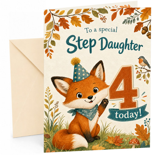 Step Daughter 4th Birthday Card Fox in Party Hat Autumn Leaves