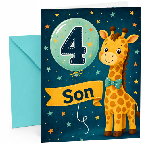 Son 4th Birthday Card with Cute Giraffe and Balloon Stars