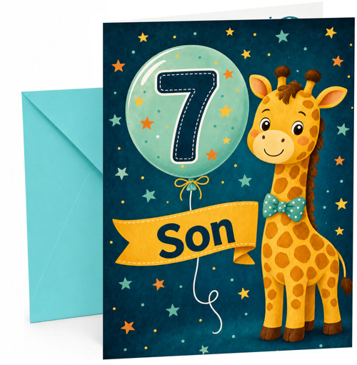Son 7th Birthday Card Cute Giraffe and Number 7 Balloon