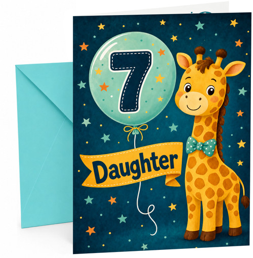 Daughter 7th Birthday Card Cute Giraffe with Number 7 Balloon
