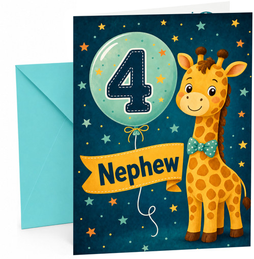 Nephew 4th Birthday Card Giraffe with Number 4 Balloon