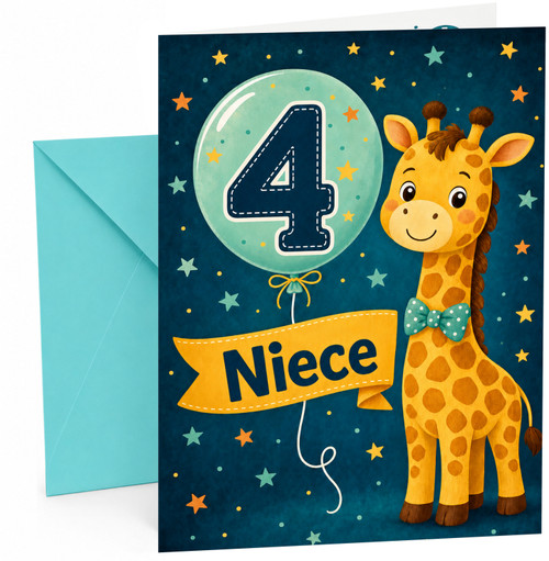 Niece 4th Birthday Card Cute Giraffe and Number 4 Balloon