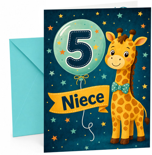 Niece 5th Birthday Card Cute Giraffe and Number 5 Balloon