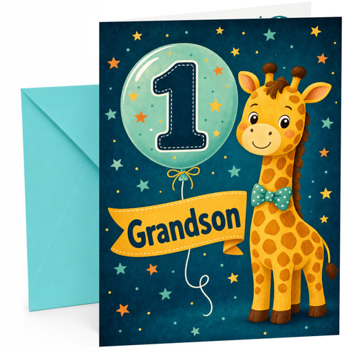 Grandson 1st Birthday Card Cute Giraffe and Number 1 Balloon