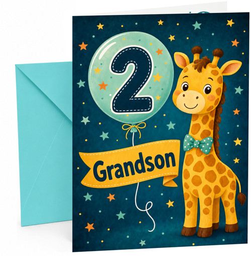 Grandson 2nd Birthday Card Giraffe and Number 2 Balloon
