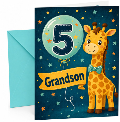 Grandson 5th Birthday Card Giraffe with Number 5 Balloon