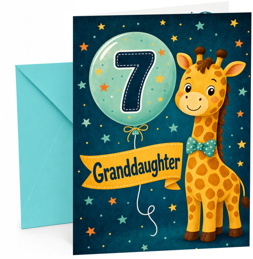 Granddaughter 7th Birthday Card Giraffe and Number 7 Balloon
