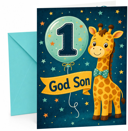 God Son 1st Birthday Card Giraffe and Number 1 Balloon