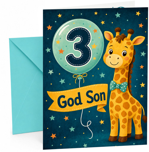 God Son 3rd Birthday Card Giraffe with Bow Tie and Starry