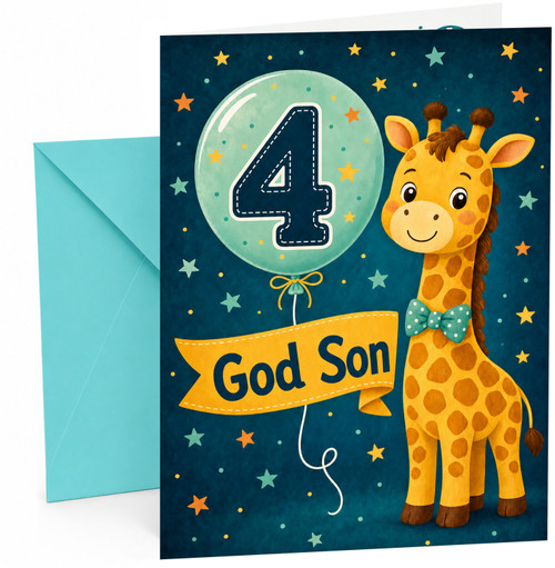 God Son 4th Birthday Card Giraffe and Number 4 Balloon