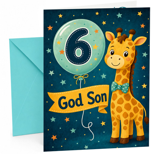 God Son 6th Birthday Card Giraffe and Number 6 Balloon